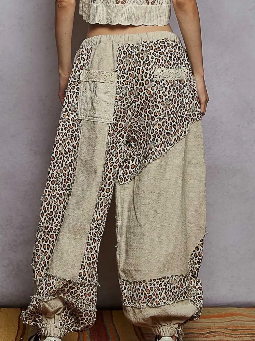 POL NWT Jacquard Leopard Print Patchwork Distressed Jogger Brown Cream Black - Picture 5 of 16
